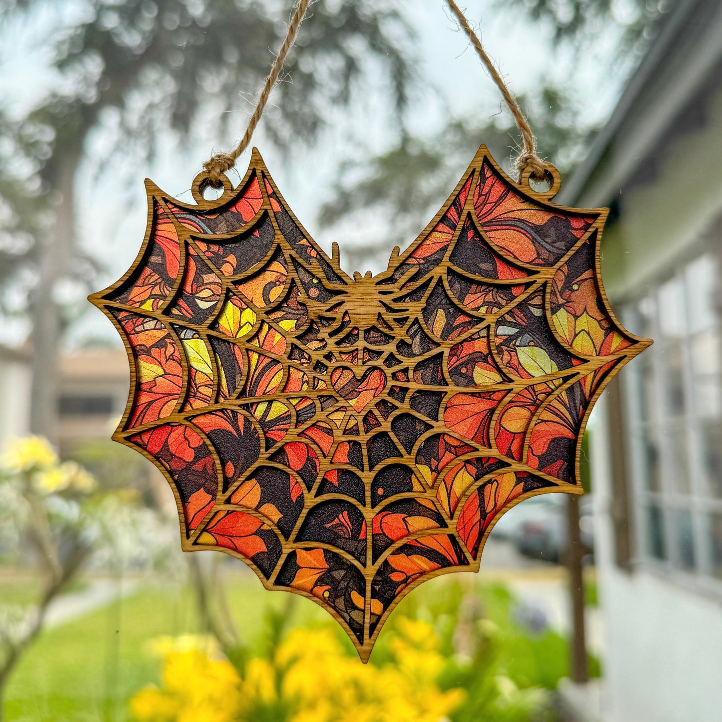 Spiderweb suncatcher made from wood and acrylic hanging in window.
