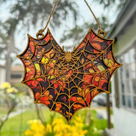Spiderweb suncatcher made from wood and acrylic hanging in window.